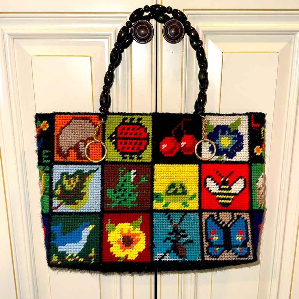 Cottage Core Granny needlepoint crochet vintage handbag with wood handles